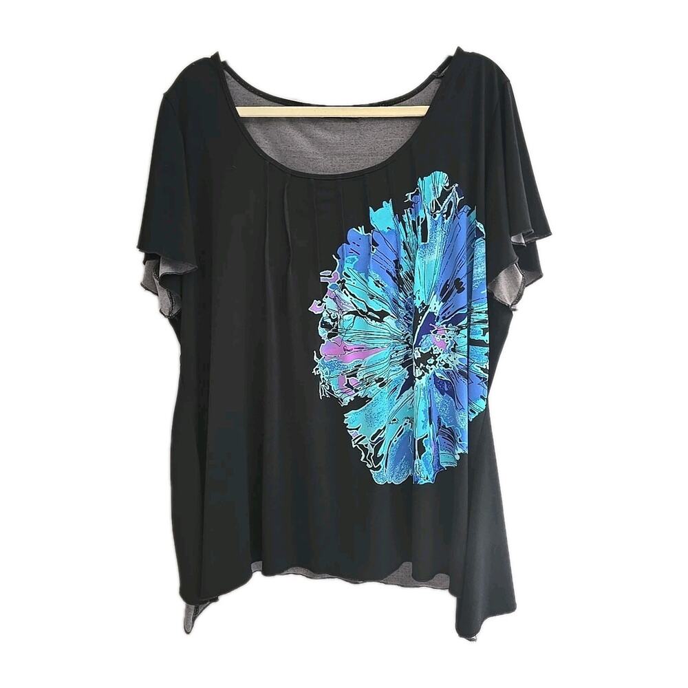 Notations Black Floral Pintuck Crew Neck Flutter Sleeve Top Womans Plus Size 2X